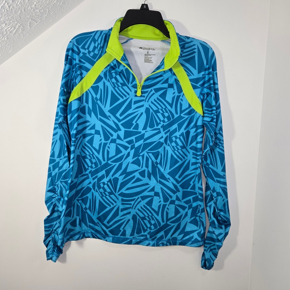 Ideology Womens Blue Geometric Print Quarter Zip Pullover Active Top Size M